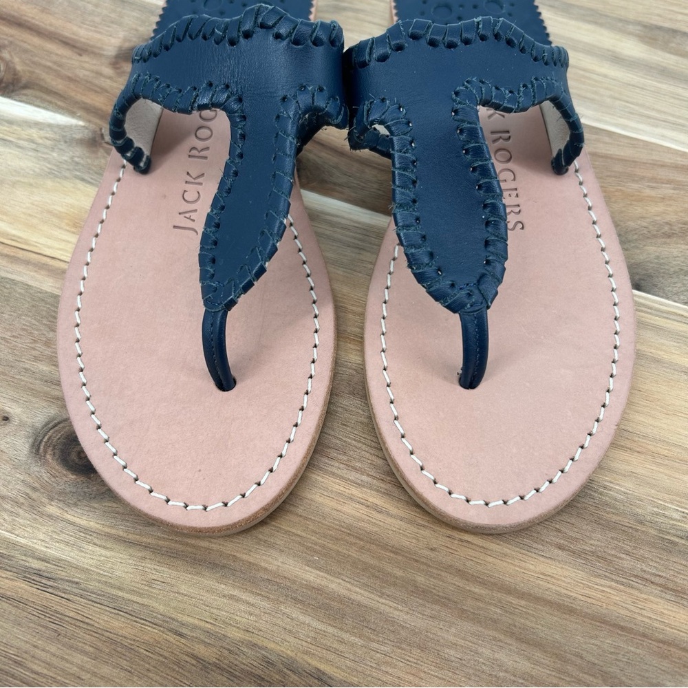 Jack Rogers Navy Blue and Tan Leather Flat Sandals Womens Size 6 Medium - Picture 3 of 10